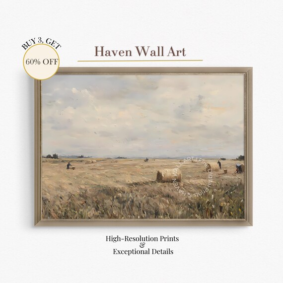 Harvest Field Oil Painting Hay Bales Farmers Muted Tones Poster