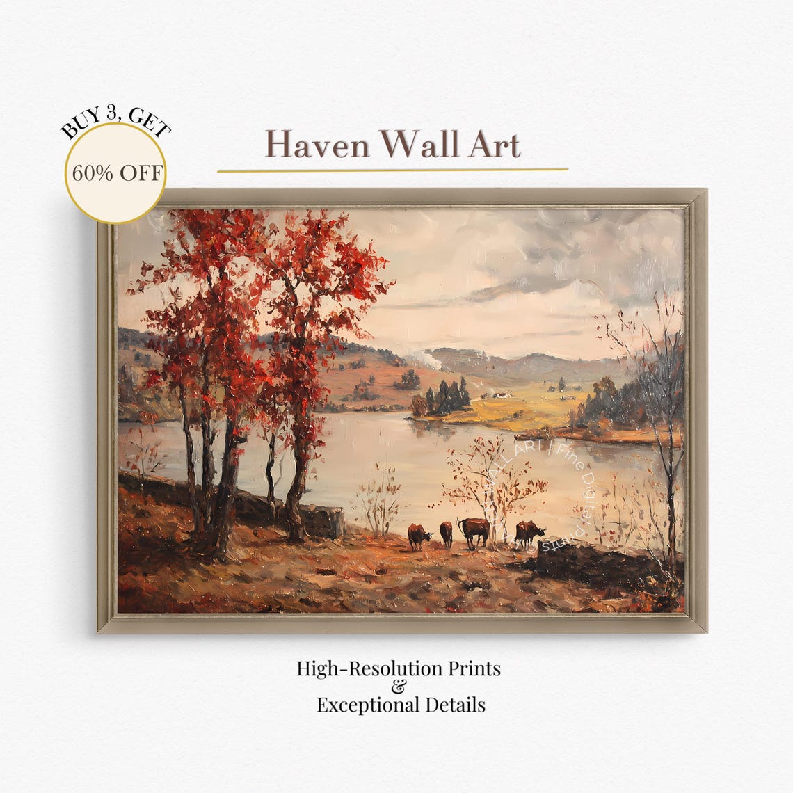 Rustic Autumn Farm Cows by River Red Trees Cozy Farmhouse Wall Art