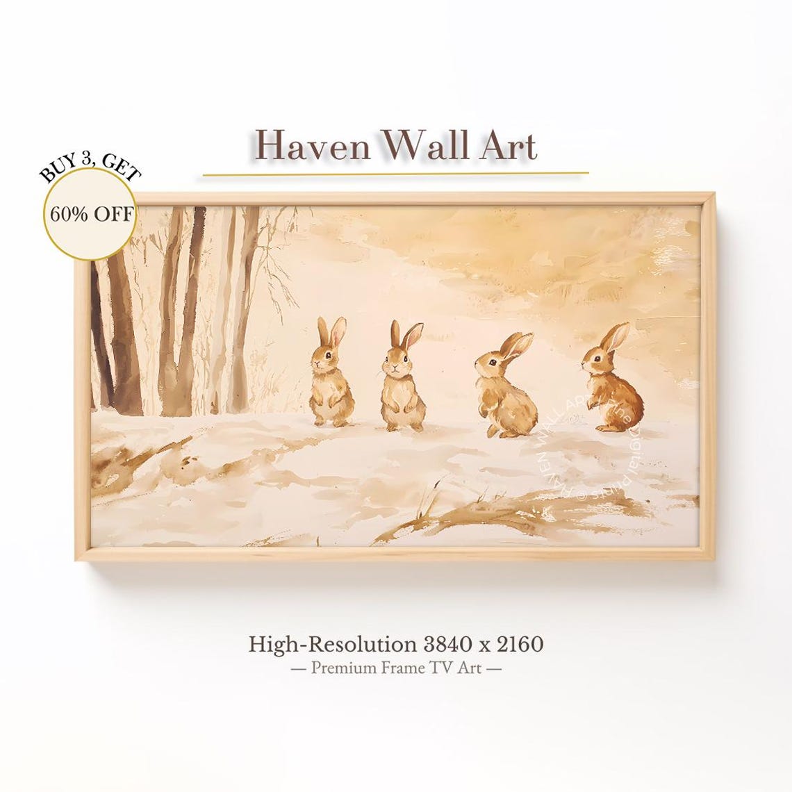 Four Bunnies Row Soft Beige Watercolor Easter Rabbit Nursery Poster