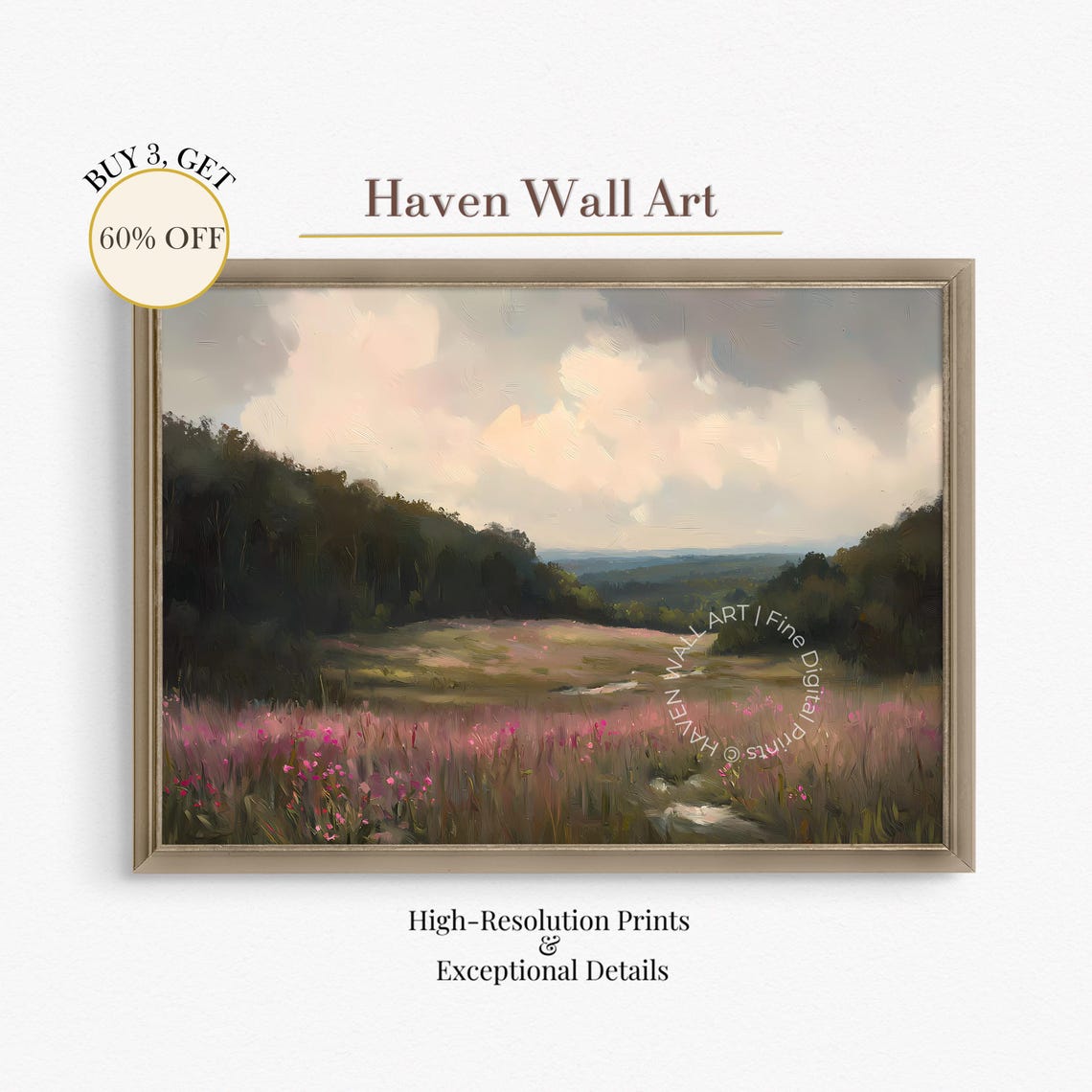 Twilight Meadow Valley Misty Wildflower Field Rustic Landscape Poster