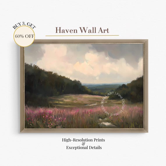 Twilight Meadow Landscape Art Misty Valley Wildflowers Painting Rustic Home Decor Pul041