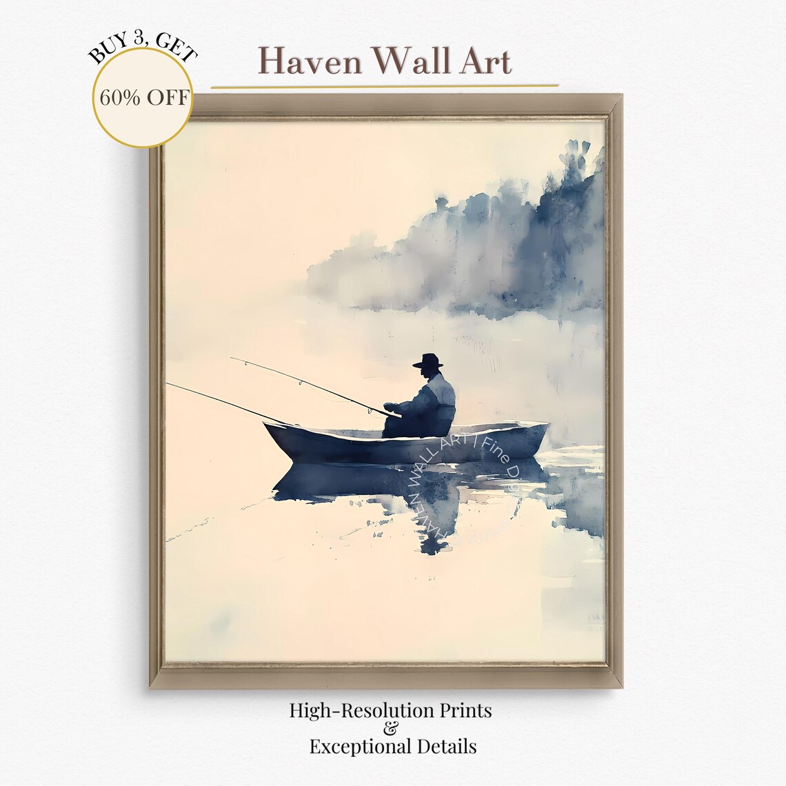 Lone Fisherman in Rowboat Misty Watercolor Serene Morning Scene Poster