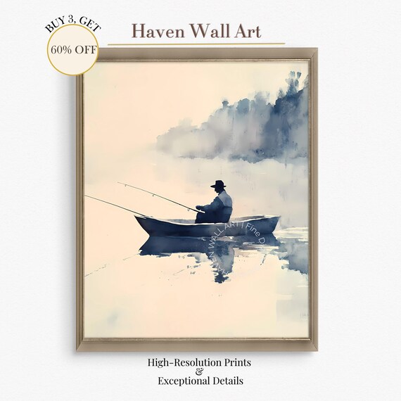 Lone Fisherman in Rowboat Misty Watercolor Serene Morning Scene Poster