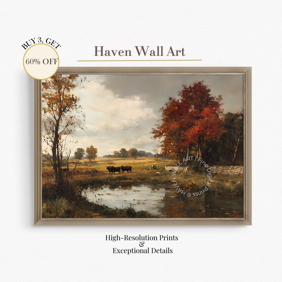 Autumn Cows Grazing by Pond Golden Meadow Rustic Farmhouse Wall Art