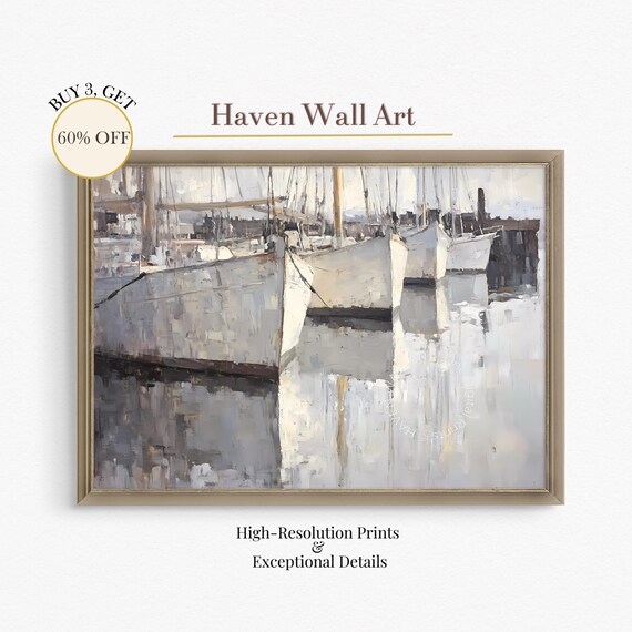 White Harbor Boats Moored Misty Water Impressionist Nautical Poster