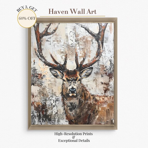 Stag Portrait Impasto Oil Painting Majestic Red Deer Antlers Poster