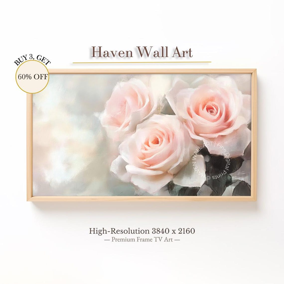 Soft Blush Pink Roses Pastel Floral Frame TV Art Style Poster