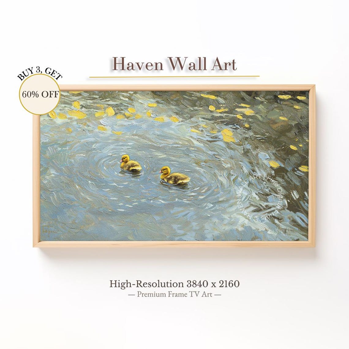 Two Ducklings Swirling Pond Autumn Leaves Cute Spring Art Poster