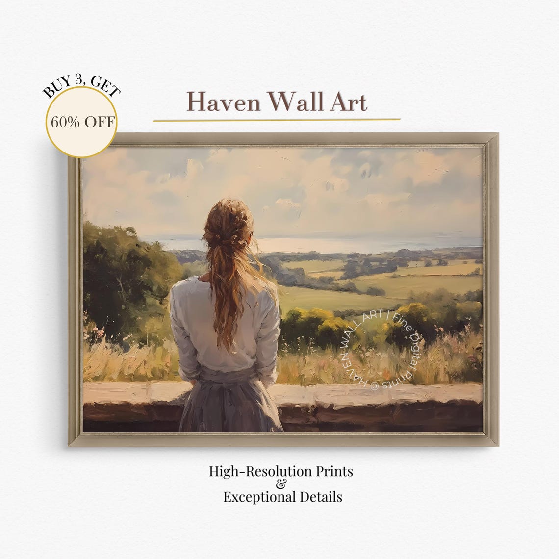 Woman Gazing Over Sunlit Rolling Countryside Romantic Landscape Print