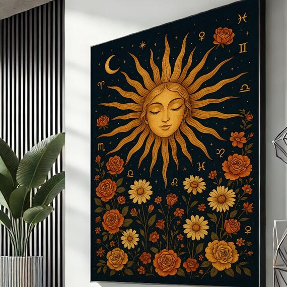 Zodiac Sun Face Canvas Wall Art Print Celestial Floral Astrology Poster For Spiritual Home Decor