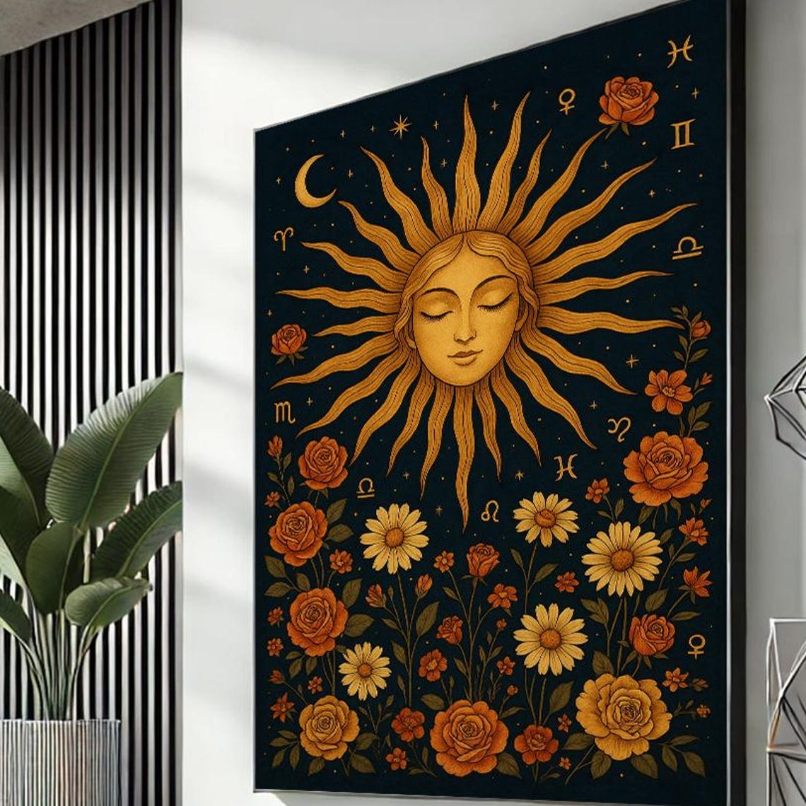 Celestial Sun Face Astrology Zodiac Floral Spiritual Decor Poster