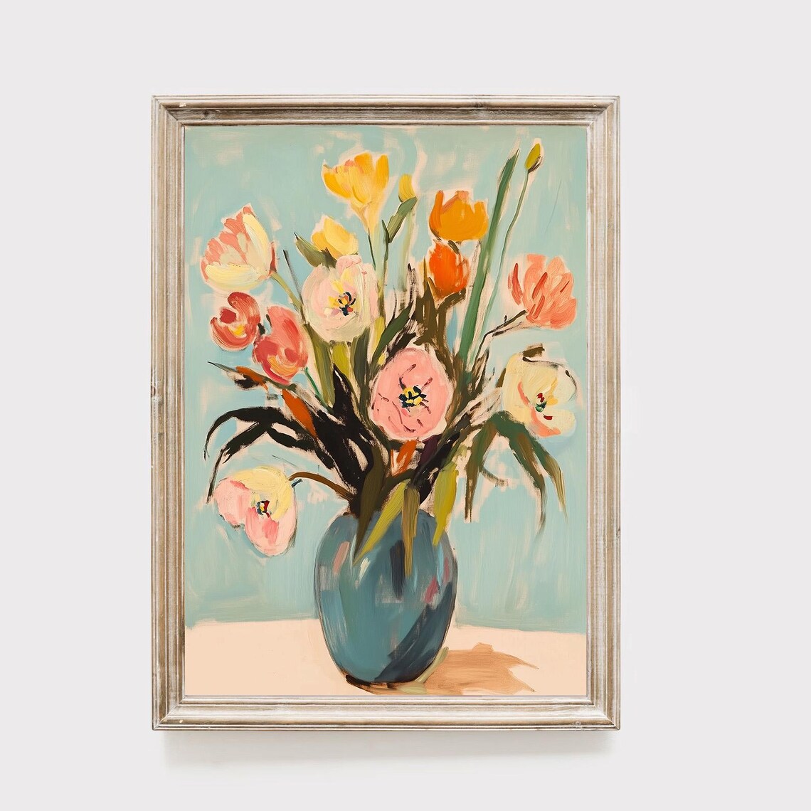 Painterly Floral Bouquet Poppies in Blue Vase Spring Flowers Art Poster