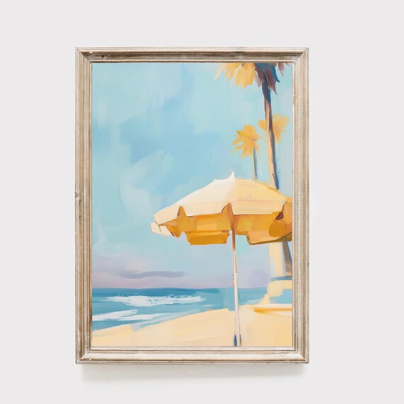 Tropical Beach Umbrella Palm Trees Ocean Minimalist Painting Poster