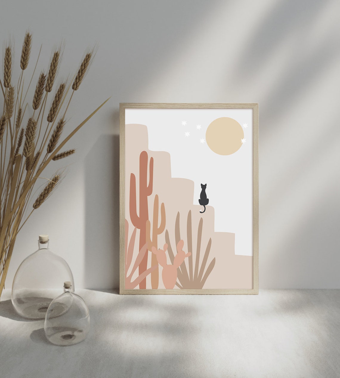 Beige Cactus and Cat Abstract Art Print - Image 2