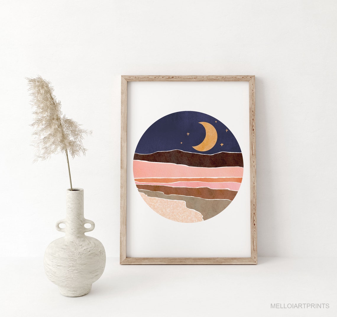 Golden Crescent Moon Starry Night Desert Dunes Circle Poster