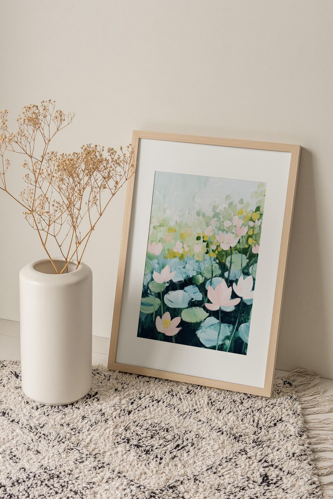 Pink Lotus Pond Pastel Water Lily Blossom Floral Painting Poster - Image 2