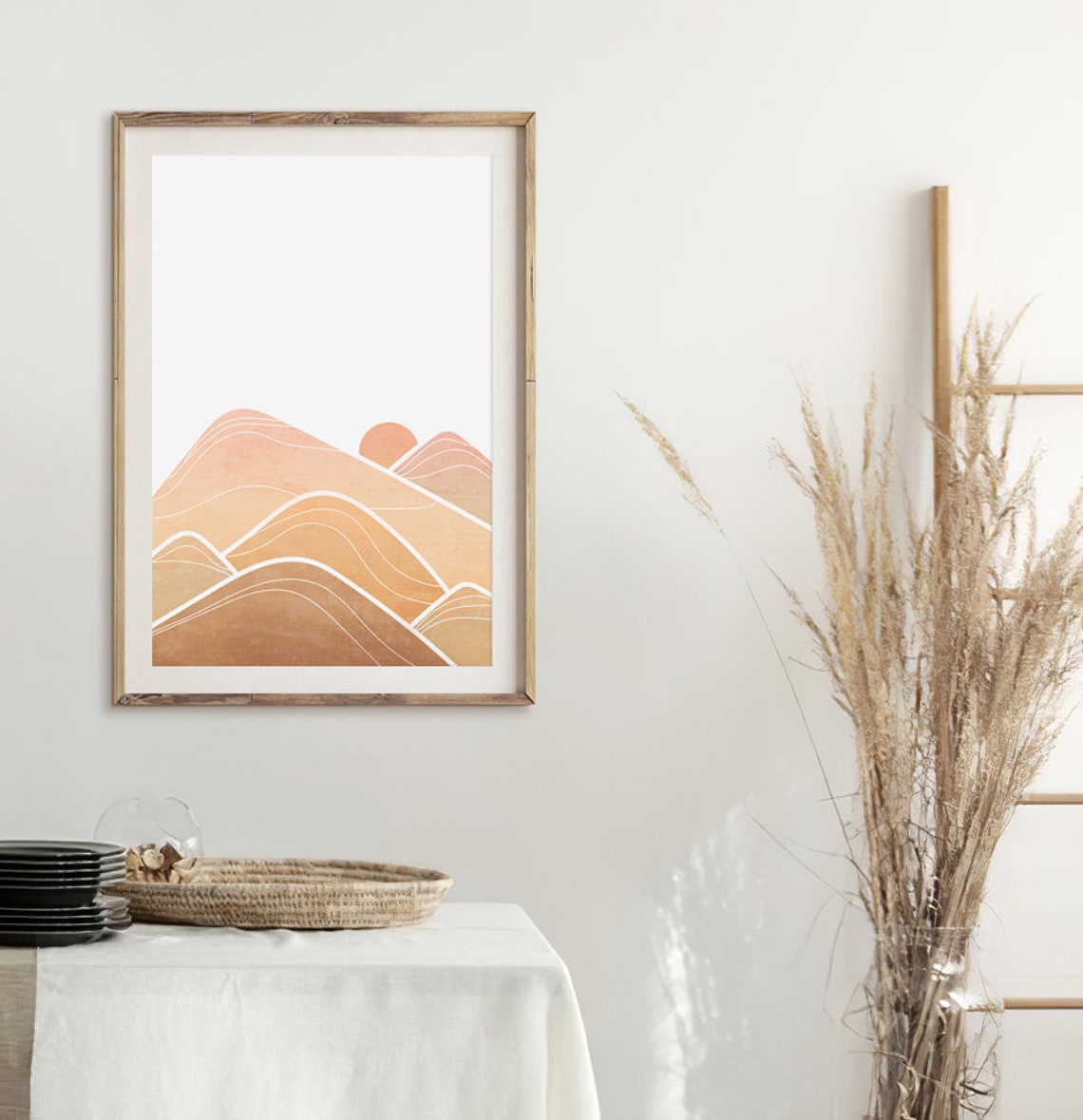 Terracotta Mountain Ridges Sun Abstract Line Work Landscape Poster