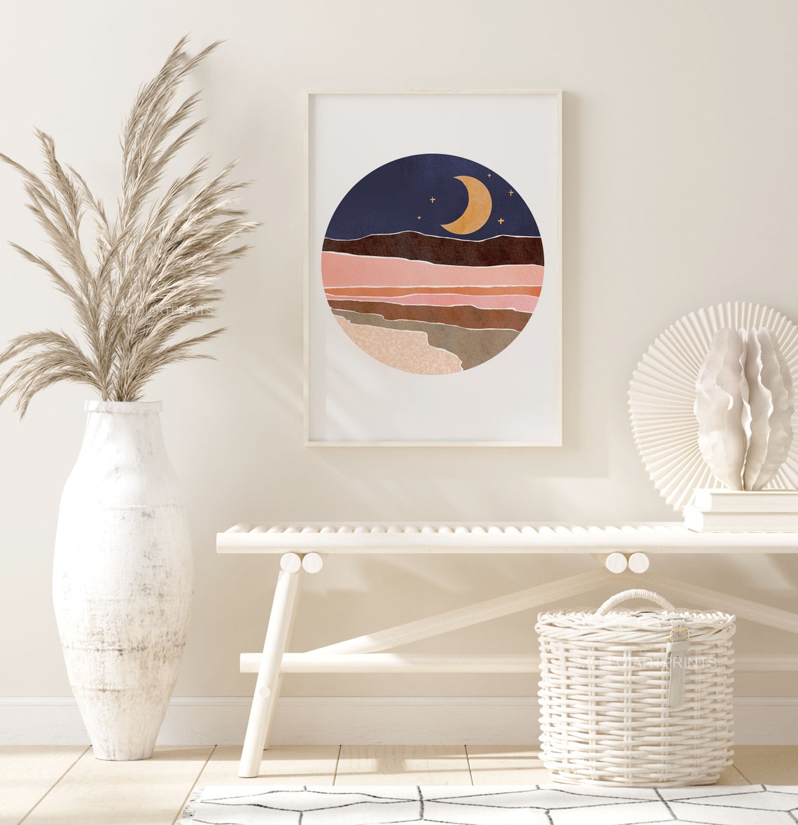 Golden Crescent Moon Starry Night Desert Dunes Circle Poster - Image 2