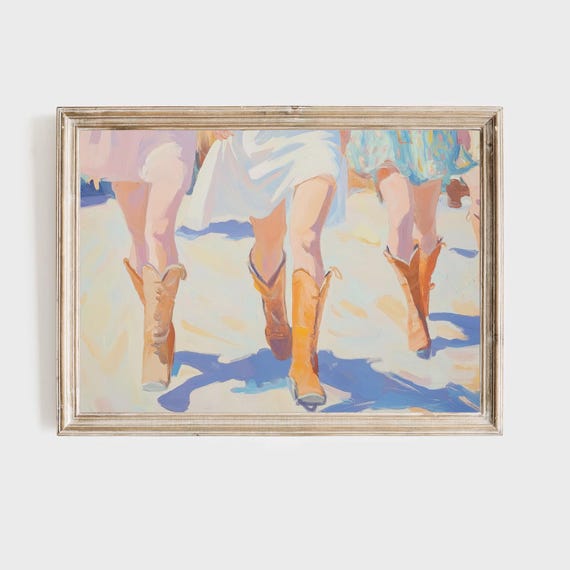 Cowgirl Boots Painting Western Fashion Art Print Country Girls Wall Decor Pastel Colors Artwork Modern Ranch Style Summer Fun