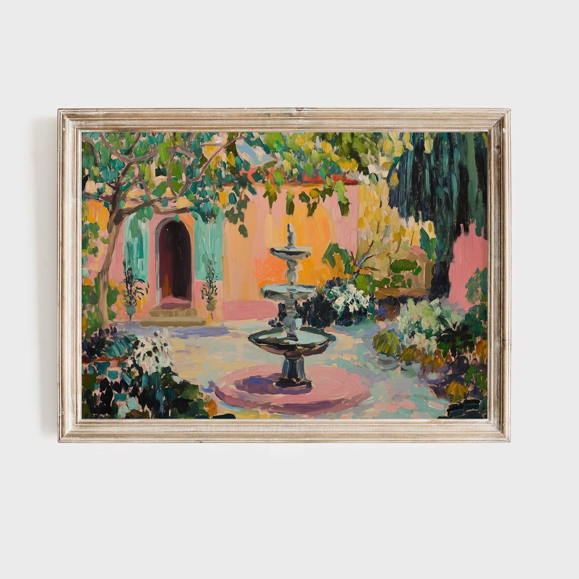 Mediterranean Courtyard Garden Fountain Colorful Painting Poster