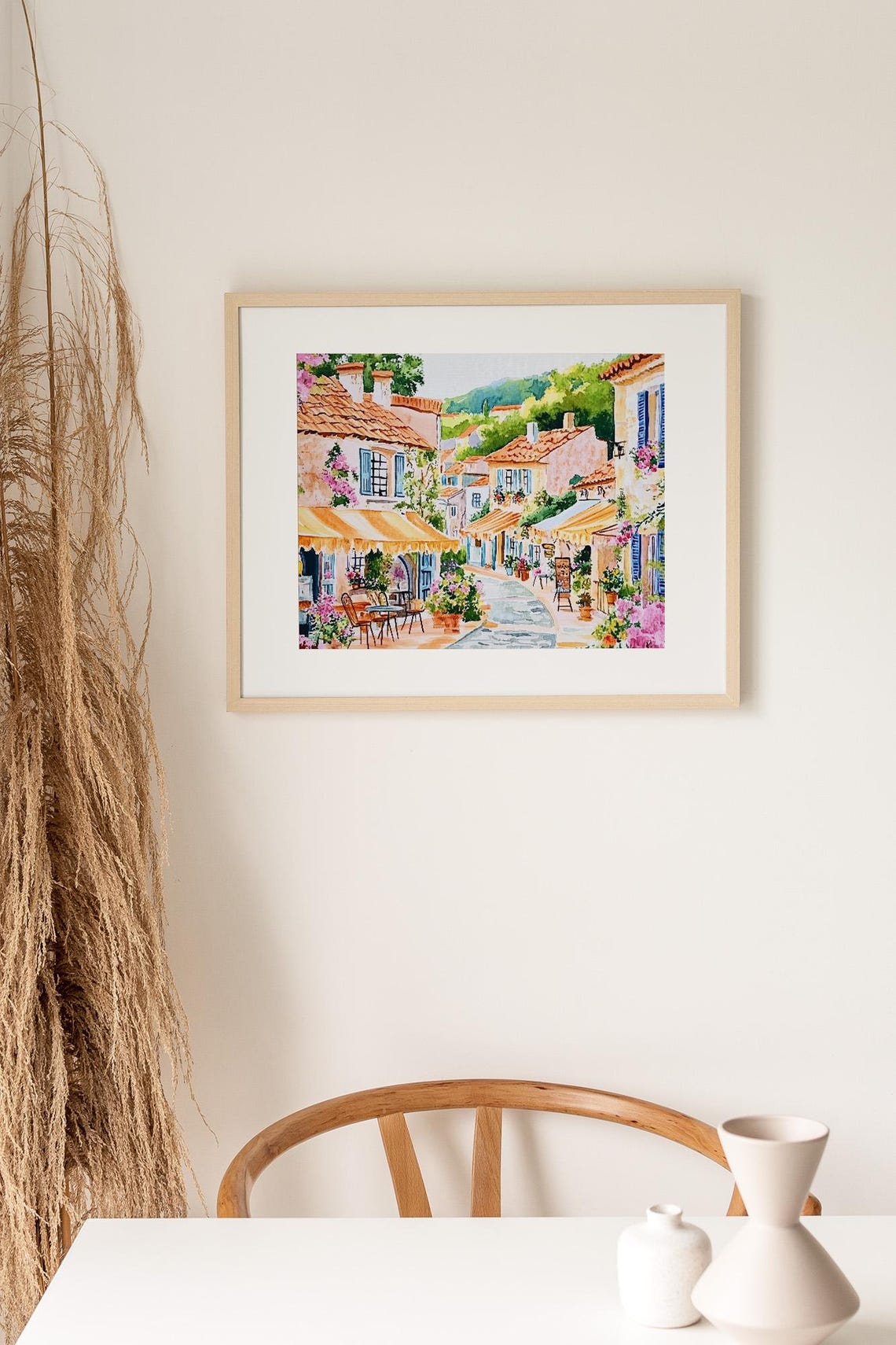 French Village Art Print Provence Street Scene Painting Mediterranean Town Watercolor Colorful European Landscape Cafe Wall Decor - Image 3