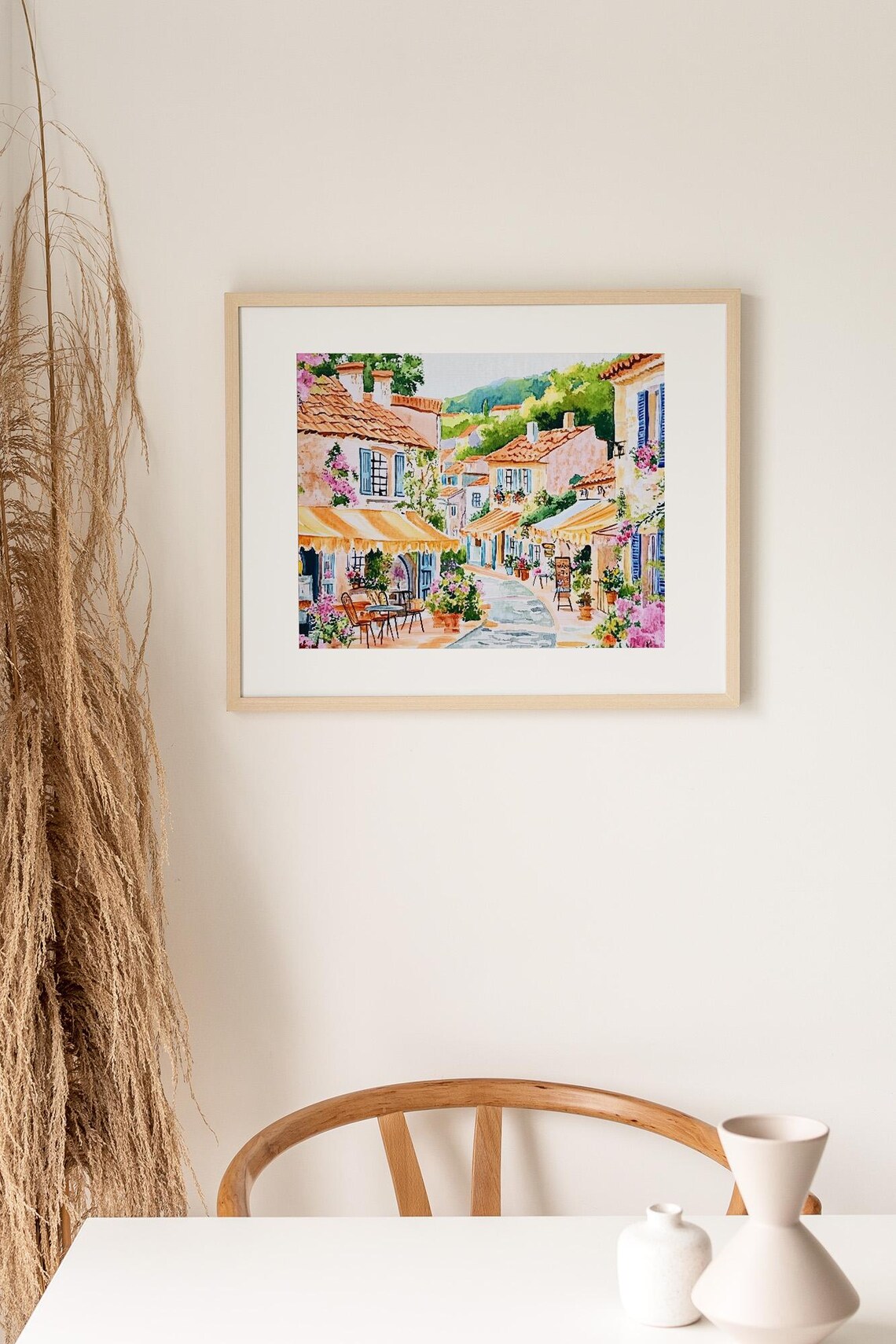 French Village Street With Cafes Flower Shops and Bougainvillea Print - Image 3