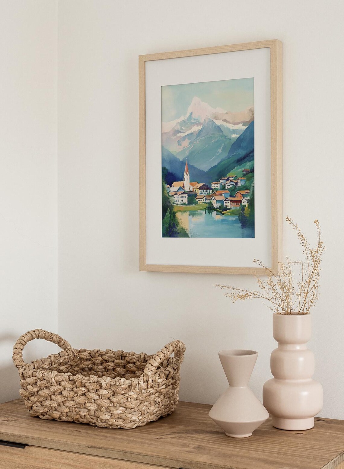 Alpine Village Lake Snowy Peak Church Steeple Scenic Wall Poster - Image 2