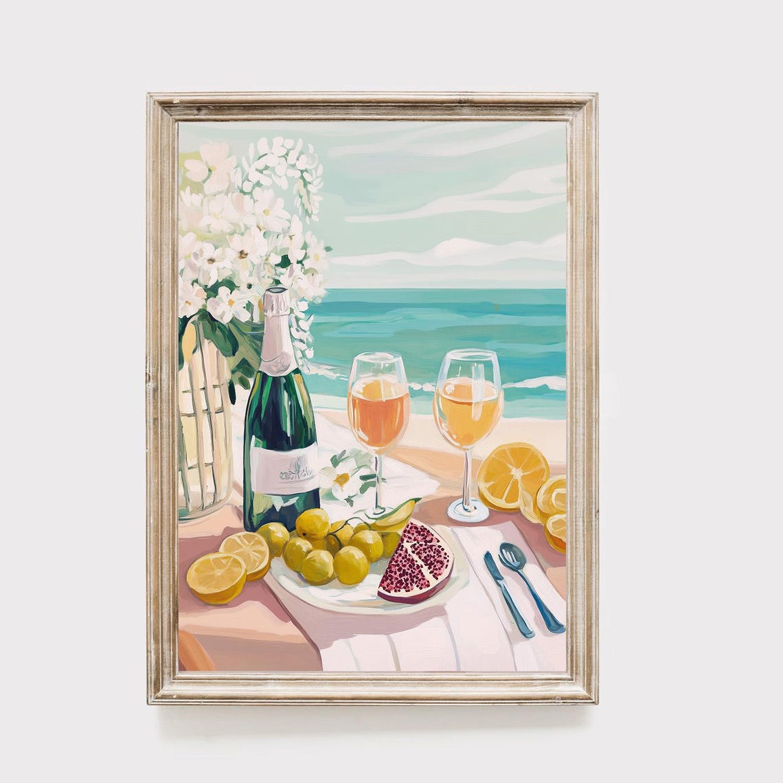 Coastal Picnic Wine Glasses Lemon Pomegranate Seaside Painting Poster