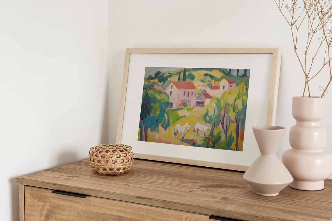 Sunny Fauvist Village Two White Horses Colorful Landscape Poster - Image 3