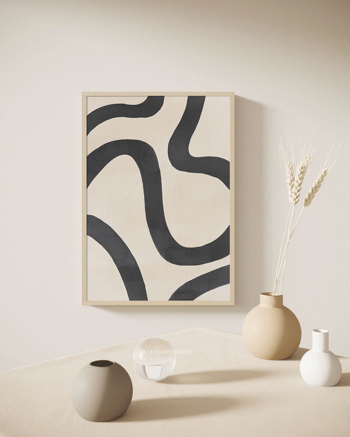 Black Wave Abstract Art Beige Bold Brush Curves Modern Wall Poster