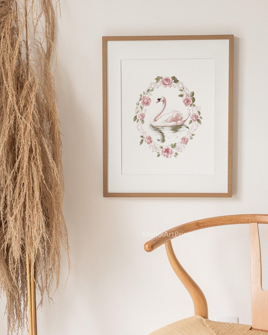 White Swan Pink Rose Wreath Vintage Floral Romantic Elegant Poster - Image 3