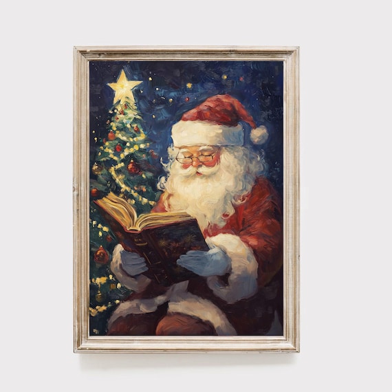 Santa Claus Reading by Christmas Tree Vintage Holiday Oil Painting Poster