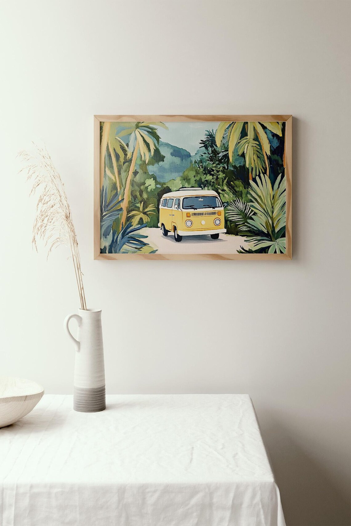 Cheerful Retro Yellow Van Tropical Jungle Travel Painting Poster - Image 2
