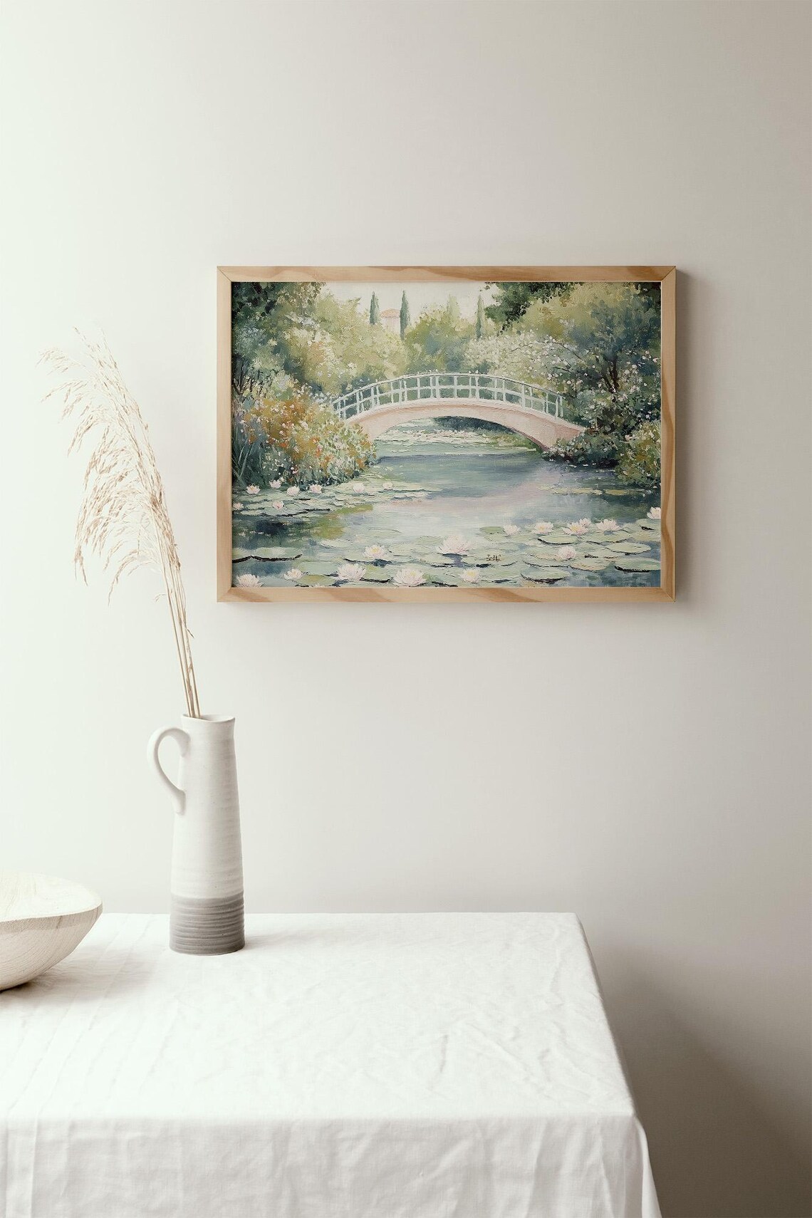 Pink Water Lily Pond Arched Bridge Impressionist Garden Wall Art - Image 2