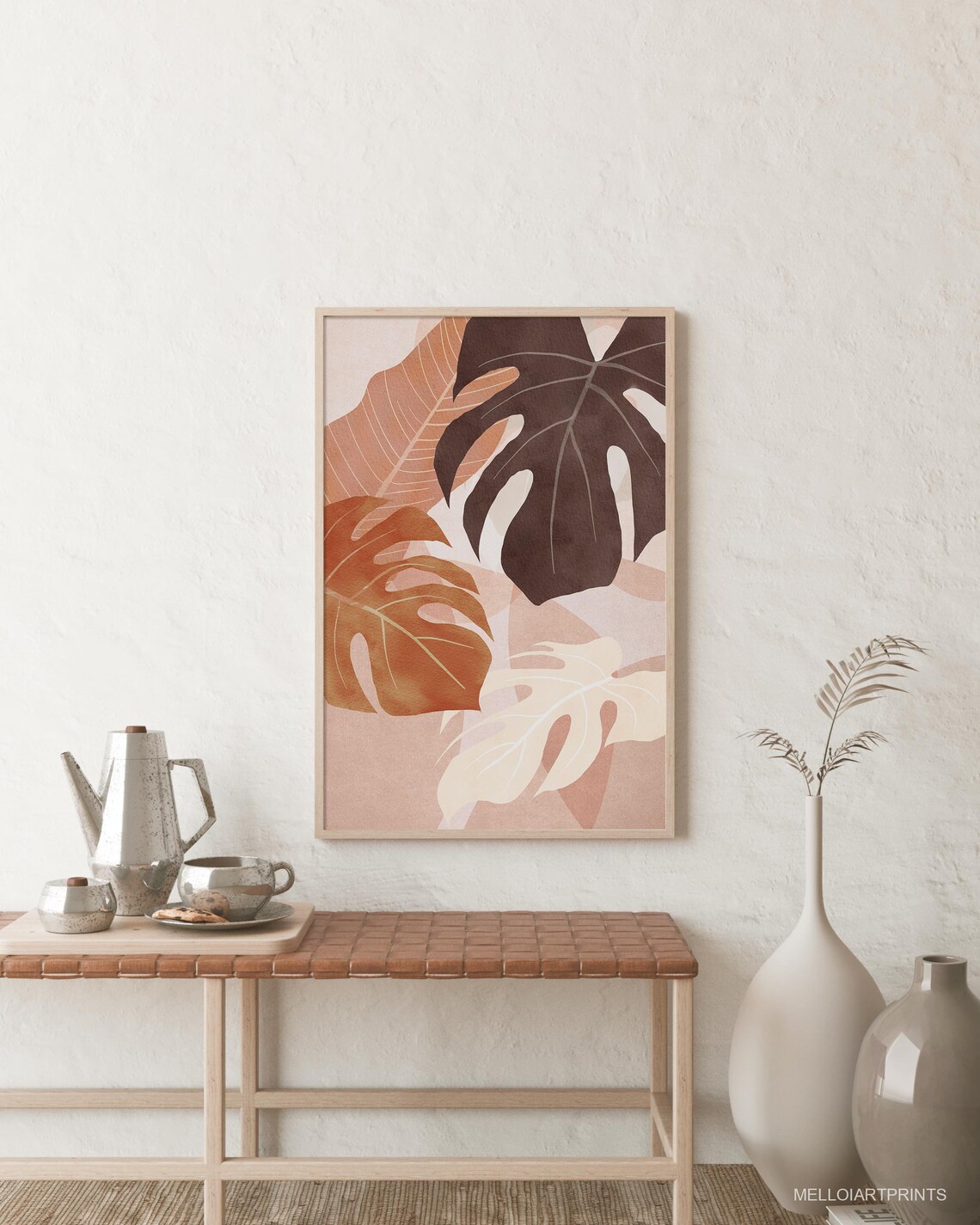 Terracotta Monstera Leaves Layered Botanical Boho Wall Poster