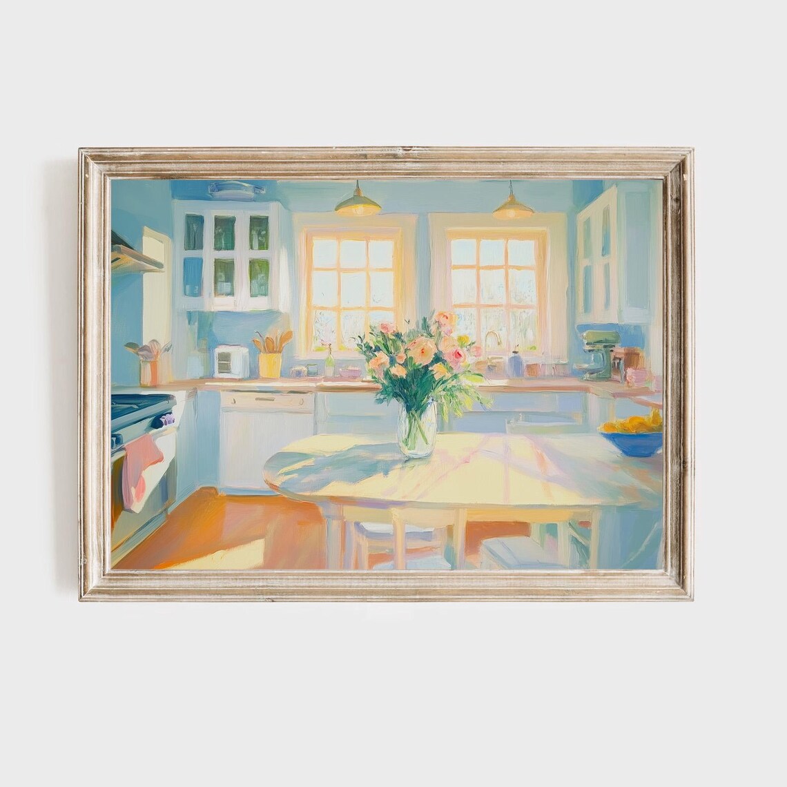 Sunny Blue Kitchen Floral Bouquet Cozy Interior Oil Art Poster
