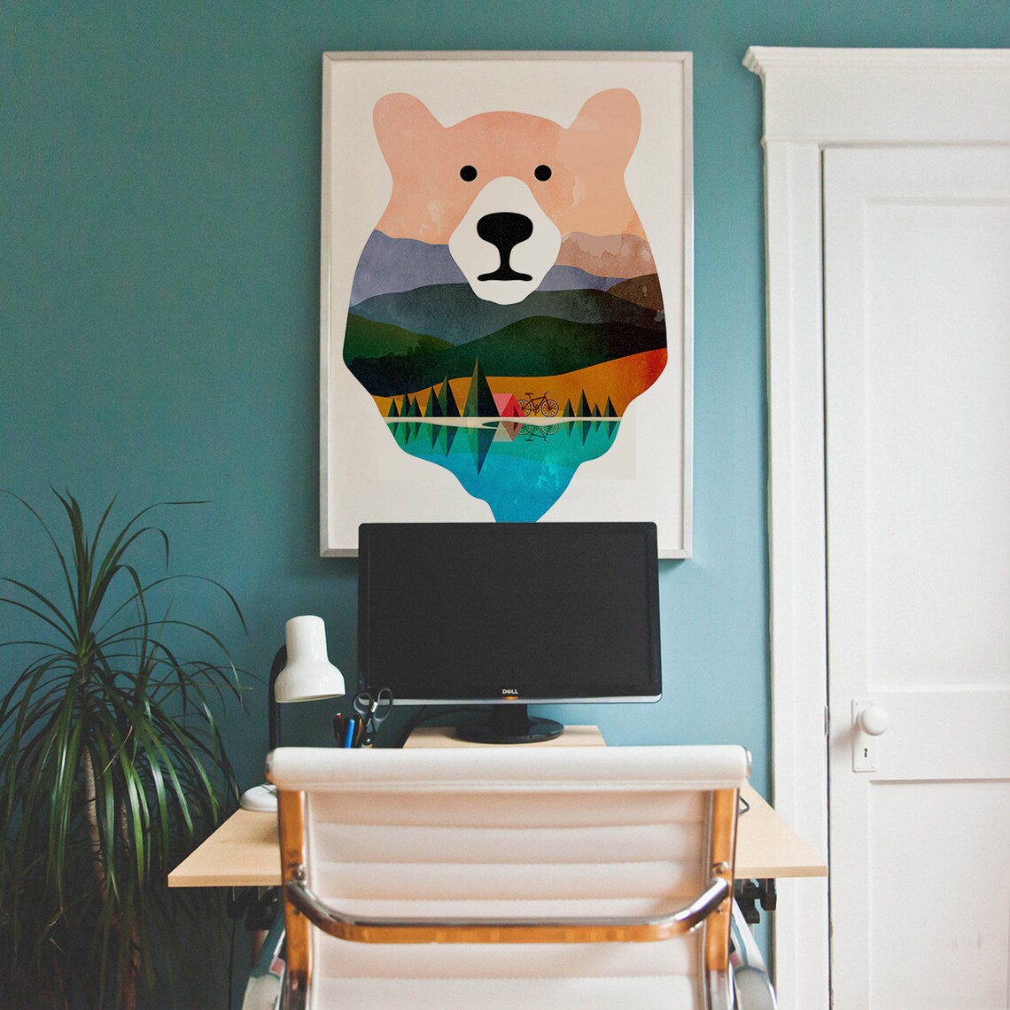 Bear Head Double Exposure Camping Scene Tent Bicycle Lake Art Poster - Image 4