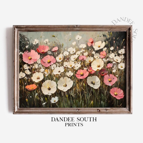 Pink and White Poppy Flowers Field Painting Vintage Floral Wall Art