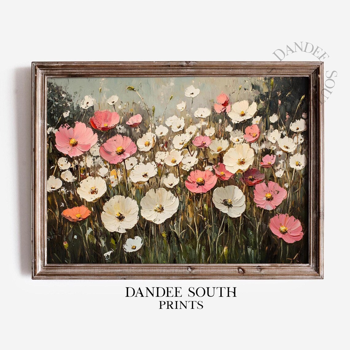 Pink and White Poppy Flowers Field Painting Vintage Floral Wall Art