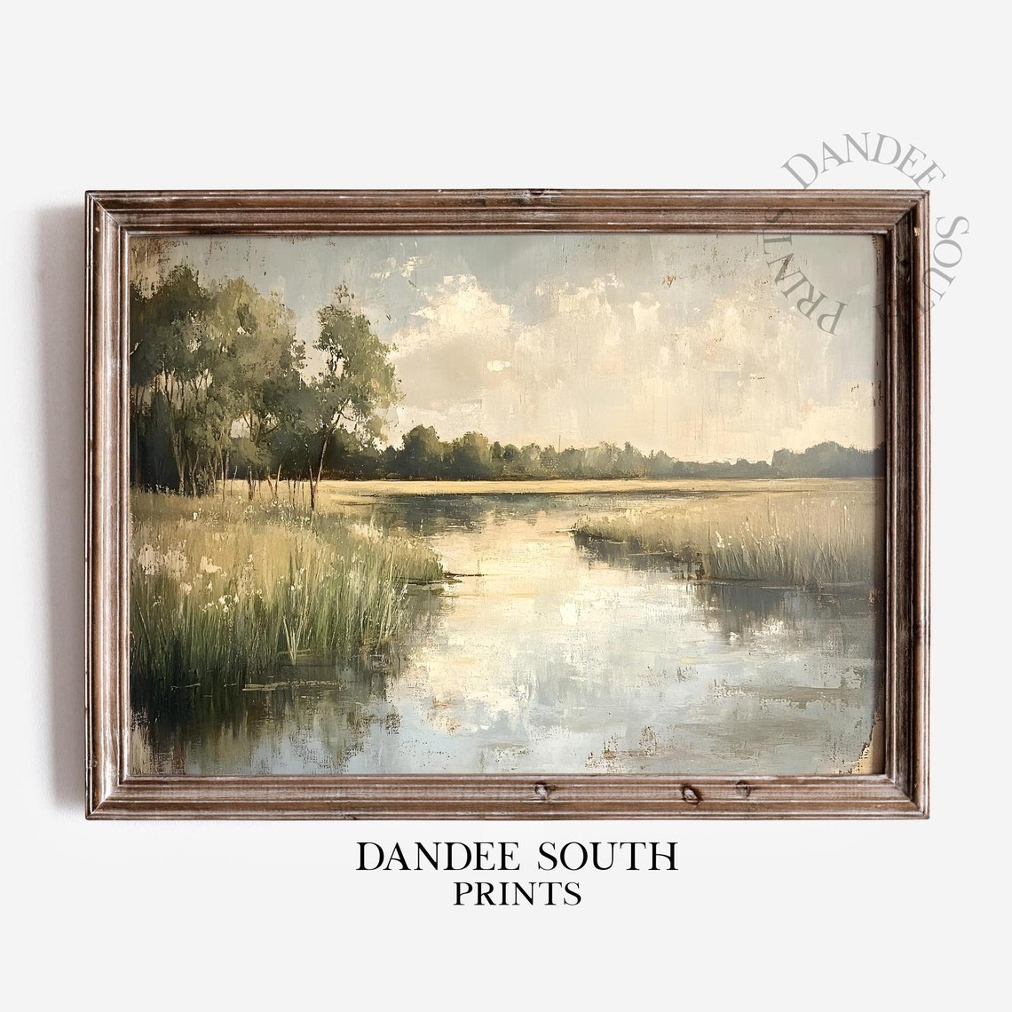 Tranquil Lake Wetland Reeds Trees Impressionist Oil Painting Art Print
