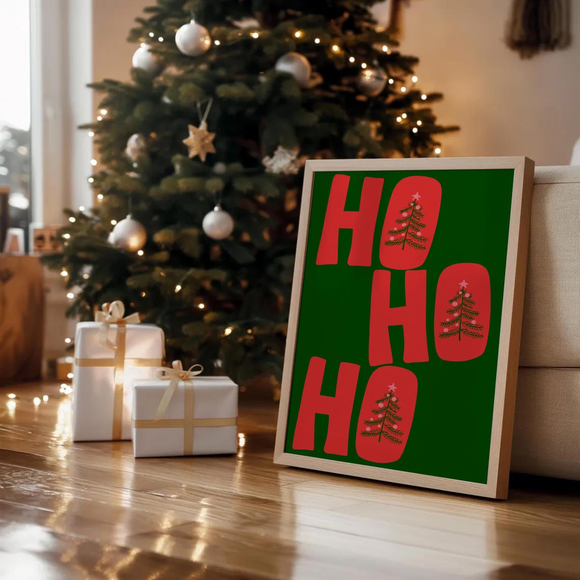 Ho Ho Ho Christmas Tree Big Typography Green Red Holiday Poster - Image 3