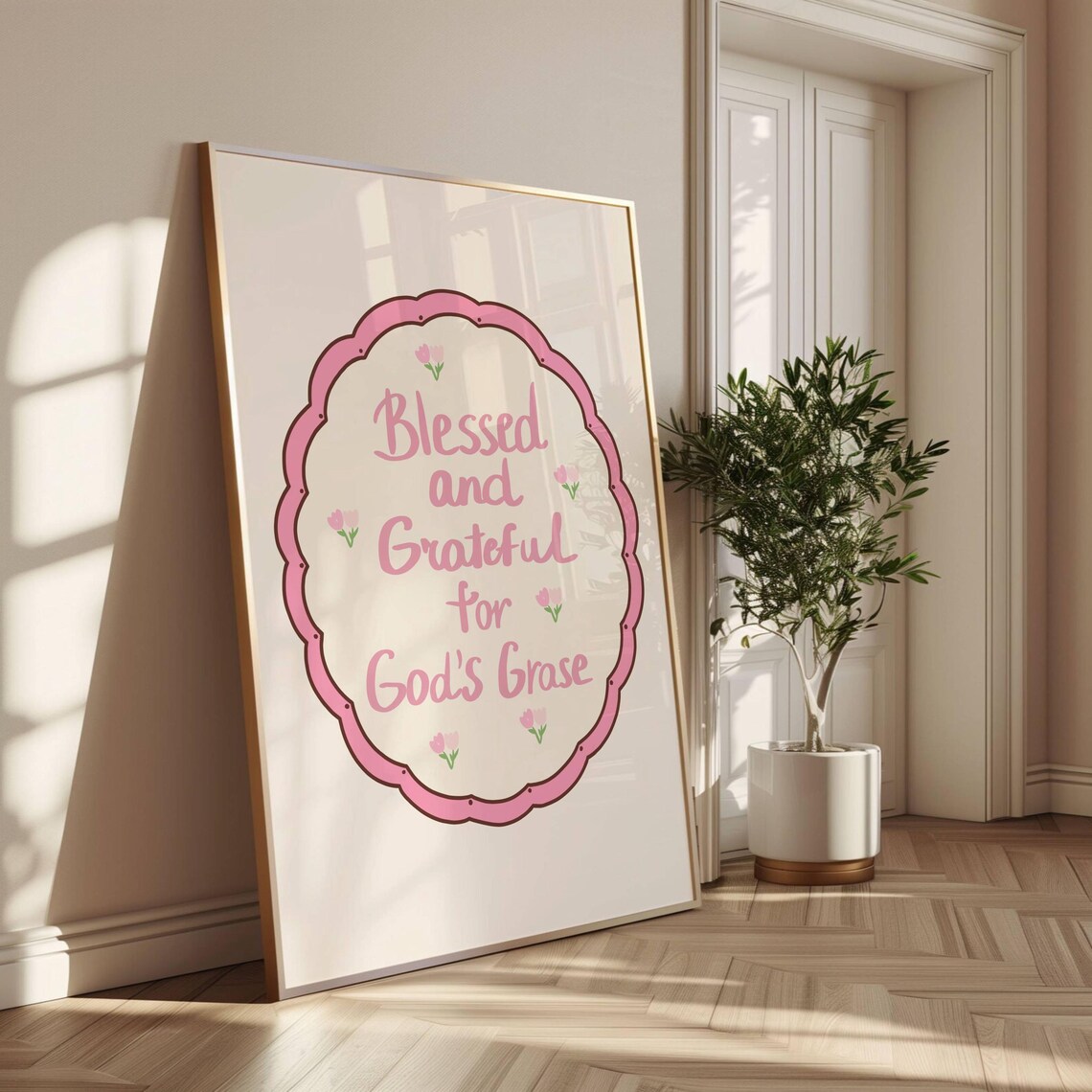 Blessed And Grateful Pink Floral Scalloped Christian Faith Poster - Image 2