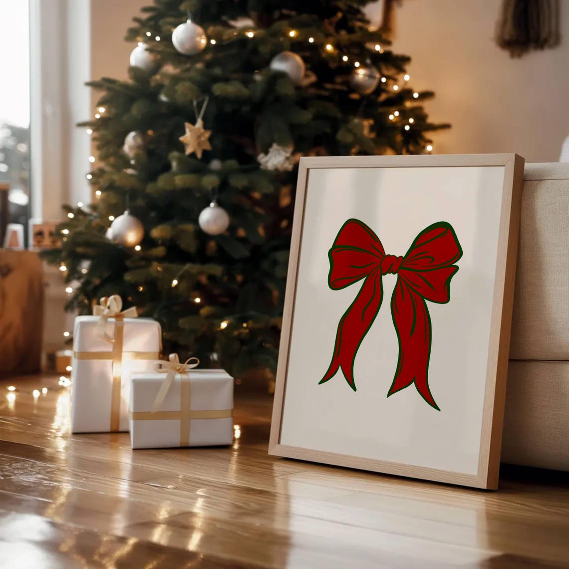 Red Coquette Bow Vintage Style Christmas Wall Poster for Holiday Decor - Image 3