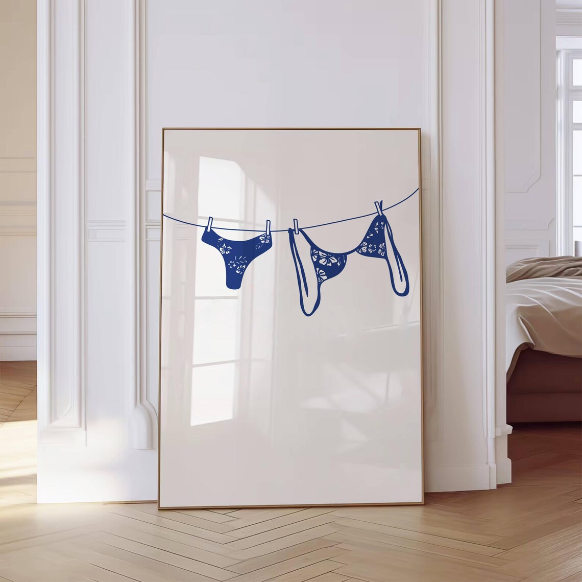 Navy Blue Bikini Clothesline Coastal Line Art Wall Poster for Bathrooms - Image 2