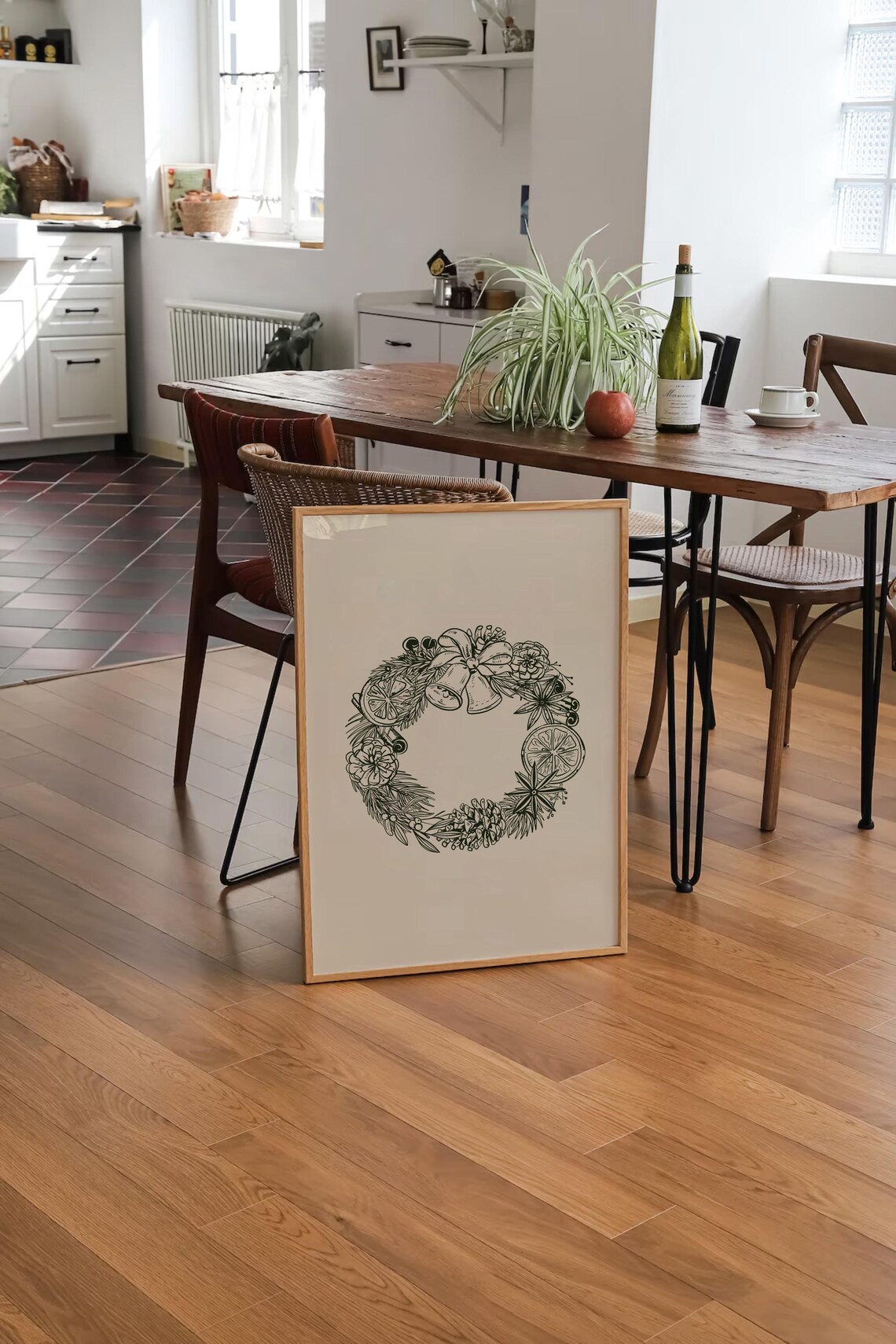Green Ink Christmas Wreath Detailed Botanical Line Art Poster - Image 3