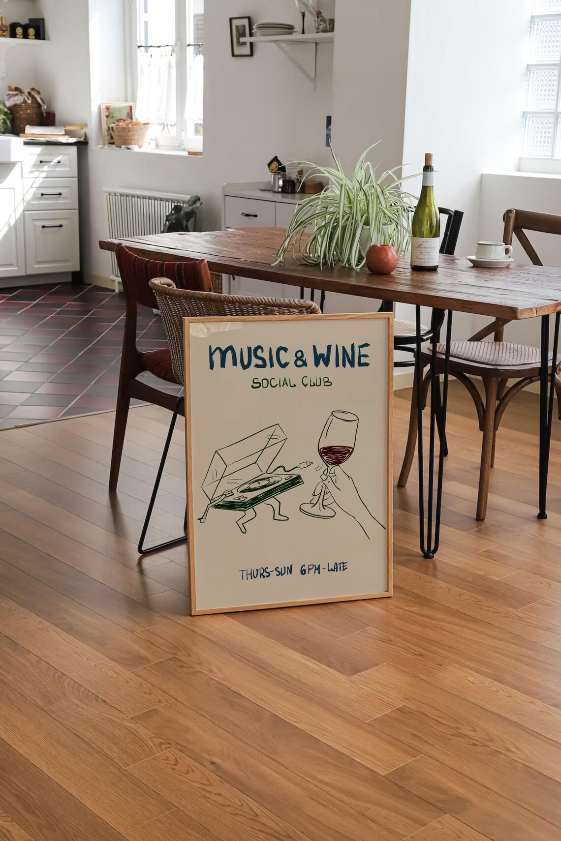 Hand Drawn Kitchen Wine Music Retro Art Print - Image 3