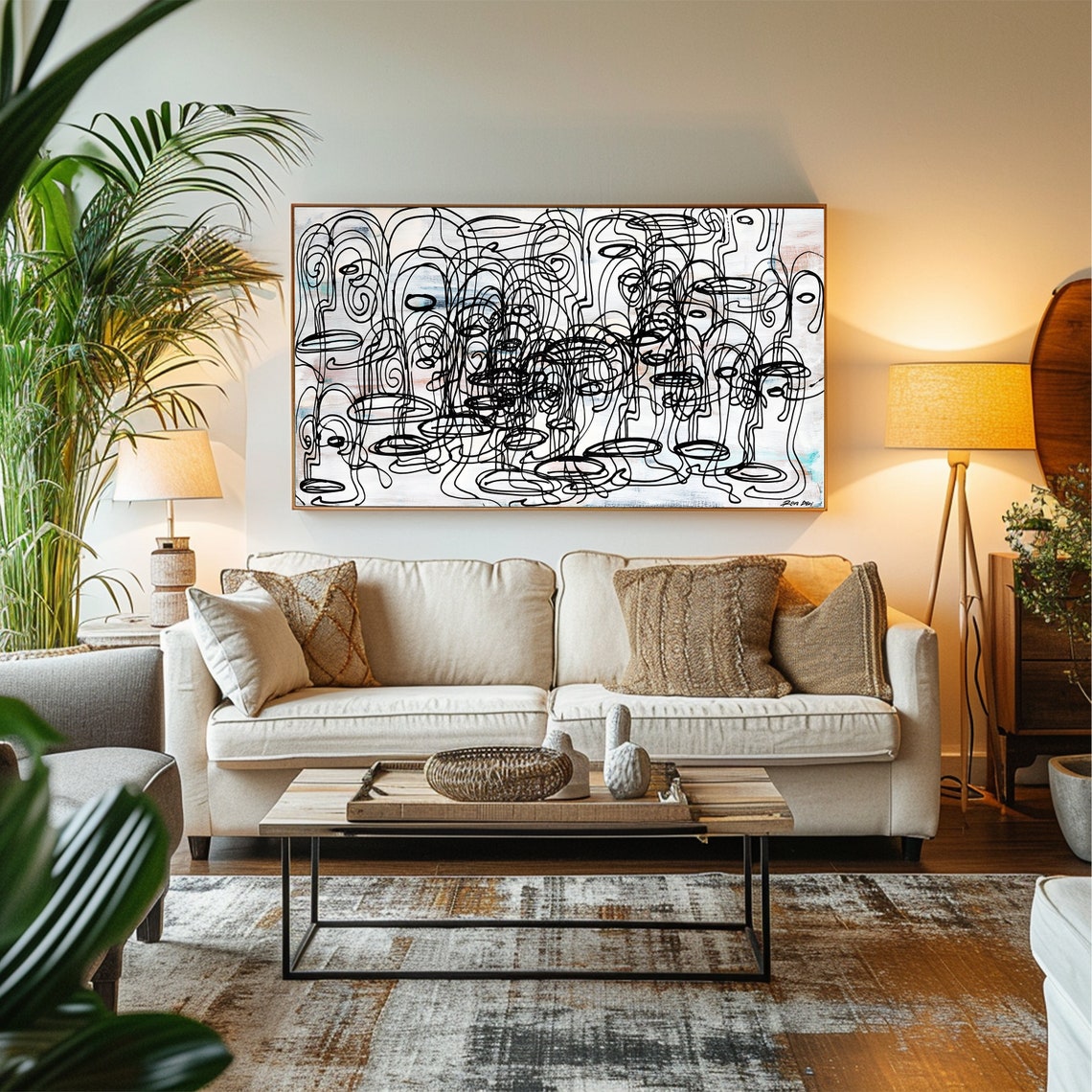 Black Line Face Scribble Crowd Wide Abstract Artwork Decor Poster - Image 4
