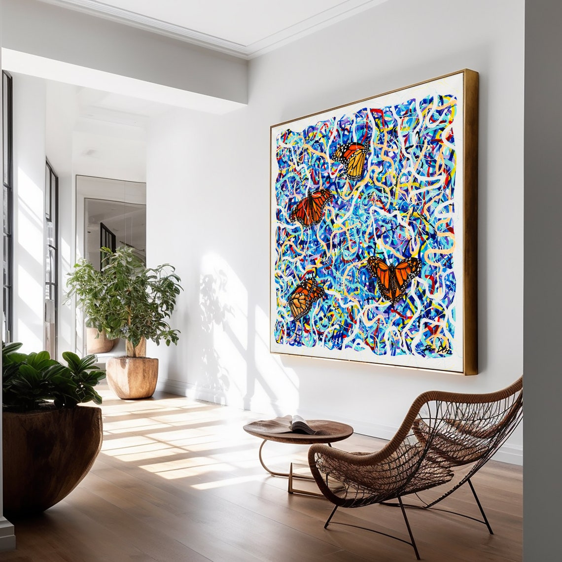 Monarch Butterflies Over a Blue and White Scribble Field Poster - Image 4