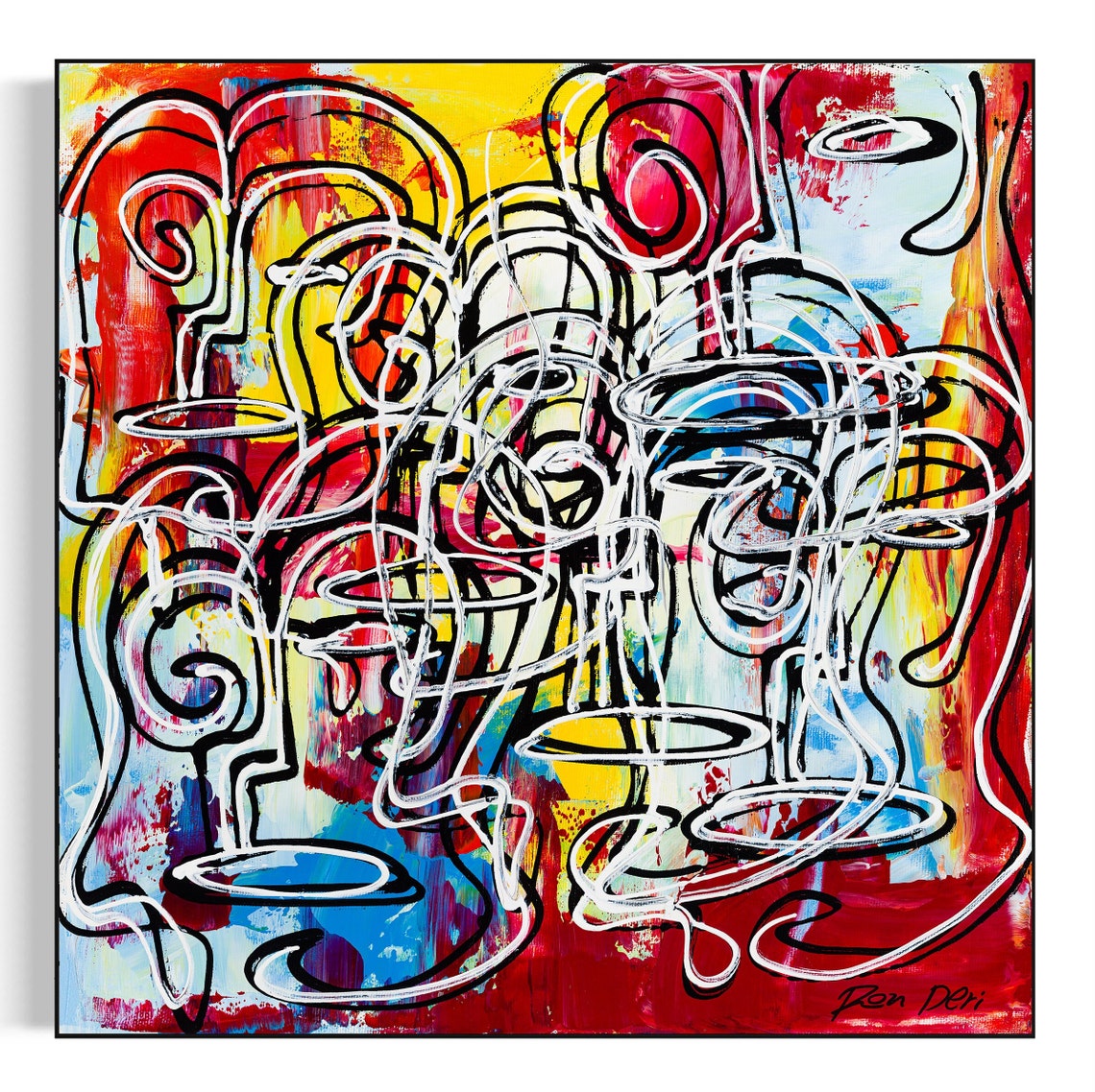 Red Yellow Tangled Face Lines Energetic Doodle Abstract Art Poster - Image 5