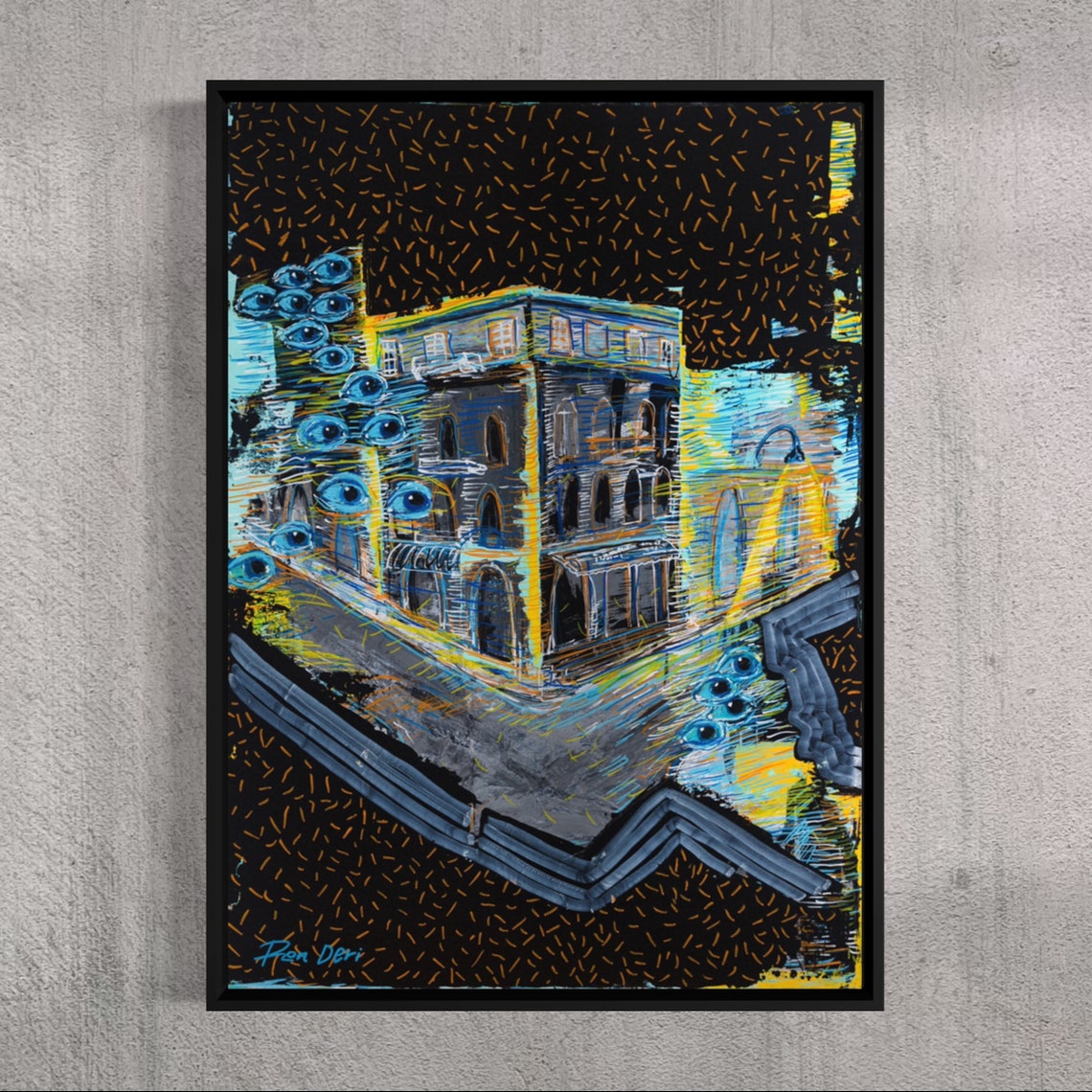 Blue Night Building Eyes Surreal Cityscape Abstract Art Poster - Image 4